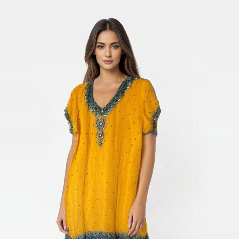 Chiffon Indian Bollywood yellow chiffon Kurti with beaded and sequin accents XL